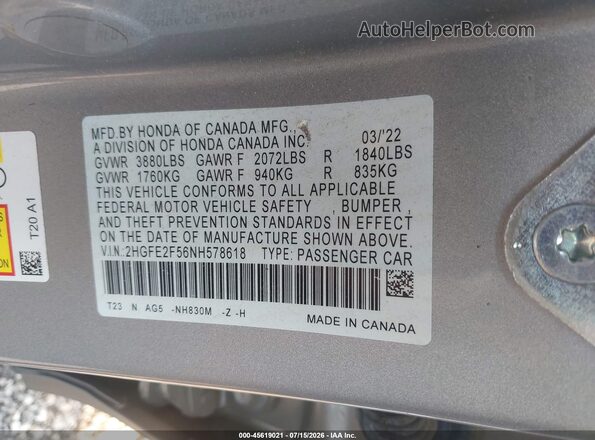 2HGFE2F56NH578618 2022 HONDA CIVIC Silver Engine compartment view