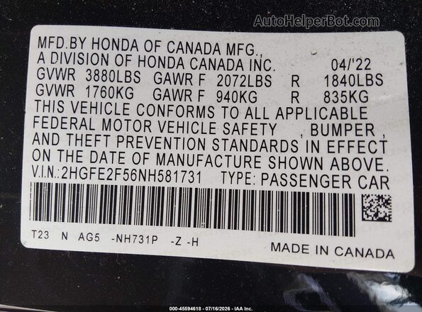 2HGFE2F56NH581731 2022 HONDA CIVIC Черный Вид подкапотного пространства