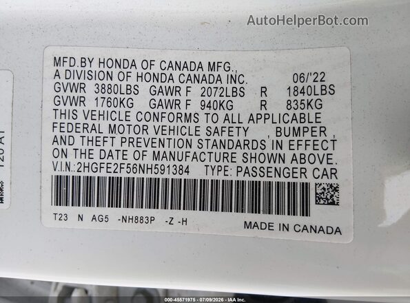 2HGFE2F56NH591384 2022 HONDA CIVIC Белый Вид подкапотного пространства