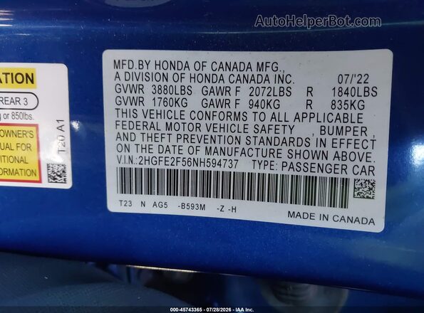 2HGFE2F56NH594737 2022 HONDA CIVIC Blue Vista del compartimento del motor