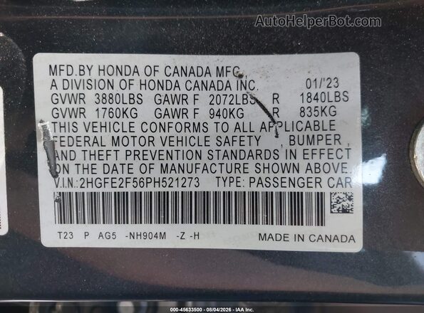 2HGFE2F56PH521273 2023 HONDA CIVIC Gray Widok komory silnika