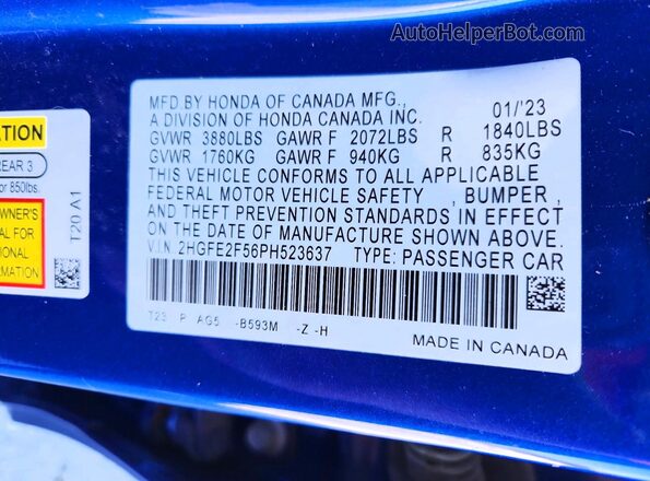 2HGFE2F56PH523637 2023 HONDA CIVIC Синий Вид подкапотного пространства