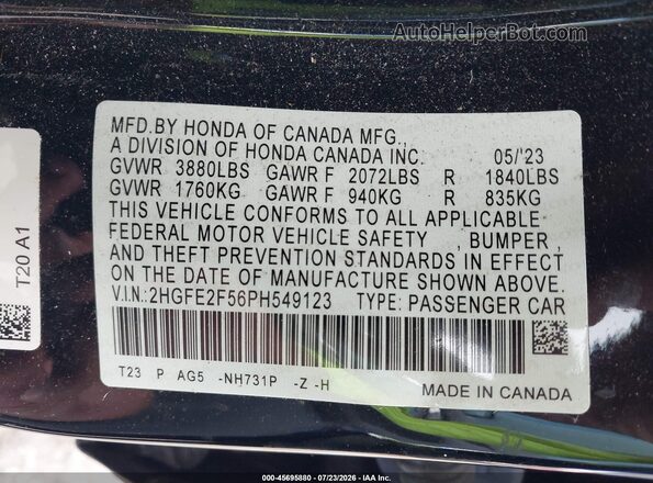 2HGFE2F56PH549123 2023 HONDA CIVIC Black Widok komory silnika