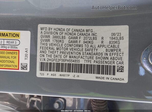 2HGFE2F56PH554855 2023 HONDA CIVIC Gray Вид підкапотного простору