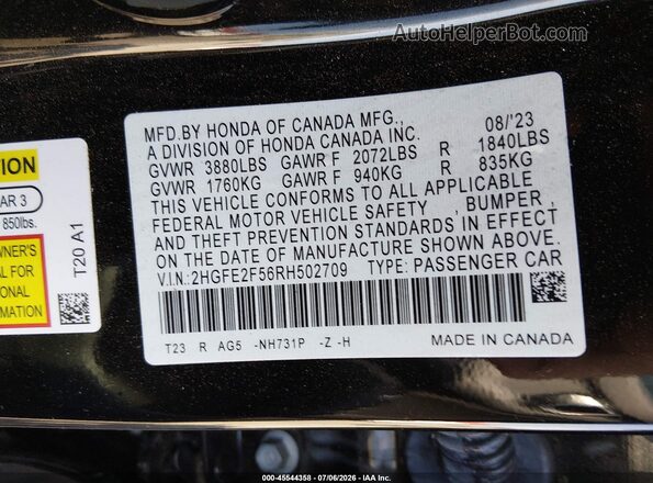 2HGFE2F56RH502709 2024 HONDA CIVIC Black Շարժիչի բաժամունքի տեսք