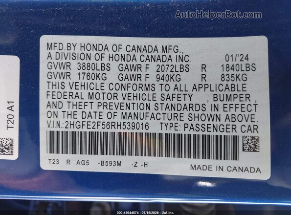2HGFE2F56RH539016 2024 HONDA CIVIC Blue Вид підкапотного простору