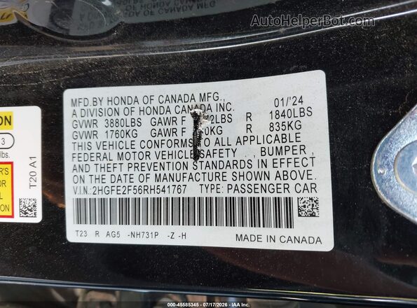 2HGFE2F56RH541767 2024 HONDA CIVIC Black ძრავის განყოფილების ხედი