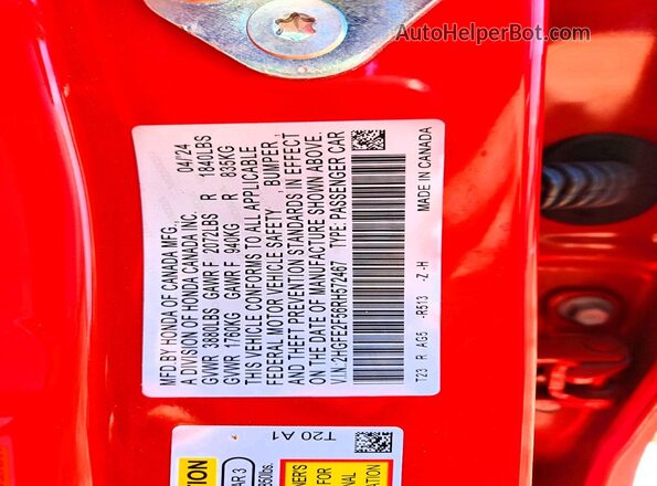 2HGFE2F56RH572467 2024 HONDA CIVIC Красный Вид подкапотного пространства