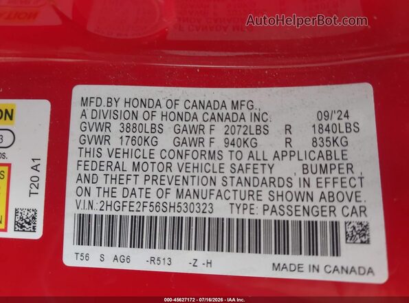 2HGFE2F56SH530323 2025 HONDA CIVIC Red ძრავის განყოფილების ხედი