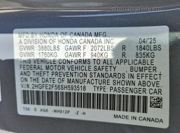 2HGFE2F56SH593518 2025 HONDA CIVIC Gray ძრავის განყოფილების ხედი