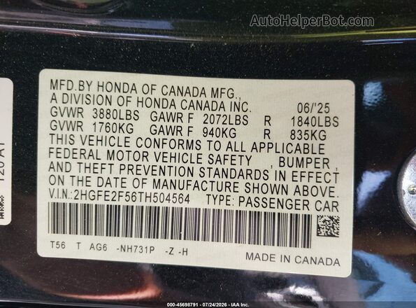 2HGFE2F56TH504564 2026 HONDA CIVIC Black Engine compartment view