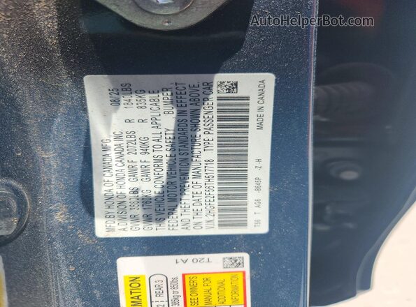 2HGFE2F56TH517718 2026 HONDA CIVIC Blue Widok naklejki z numerem VIN