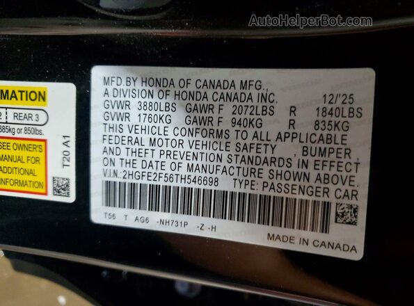 2HGFE2F56TH546698 2026 HONDA CIVIC Черный Вид подкапотного пространства