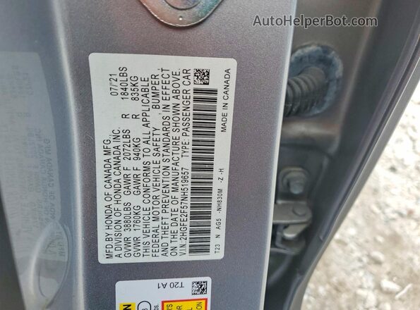 2HGFE2F57NH519657 2022 HONDA CIVIC Серый Вид наклейки с VIN-кодом