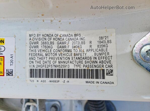 2HGFE2F57NH525913 2022 HONDA CIVIC White Widok komory silnika