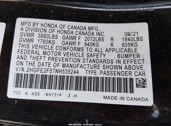 2HGFE2F57NH535244 2022 HONDA CIVIC Black Շարժիչի բաժամունքի տեսք