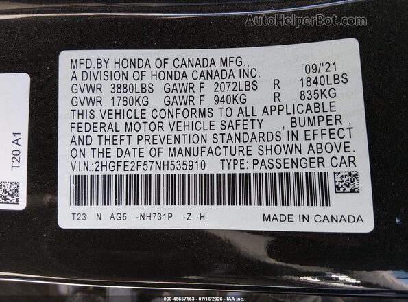 2HGFE2F57NH535910 2022 HONDA CIVIC Черный Вид подкапотного пространства