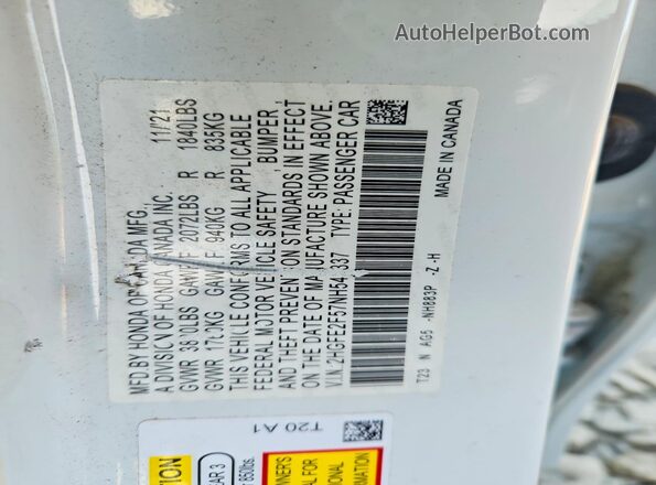2HGFE2F57NH549337 2022 HONDA CIVIC White Вид підкапотного простору