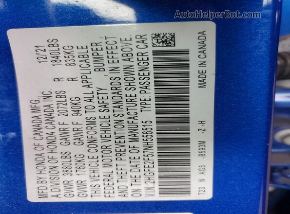 2HGFE2F57NH556515 2022 HONDA CIVIC Blue VIN კოდის სტიკერის ხედი