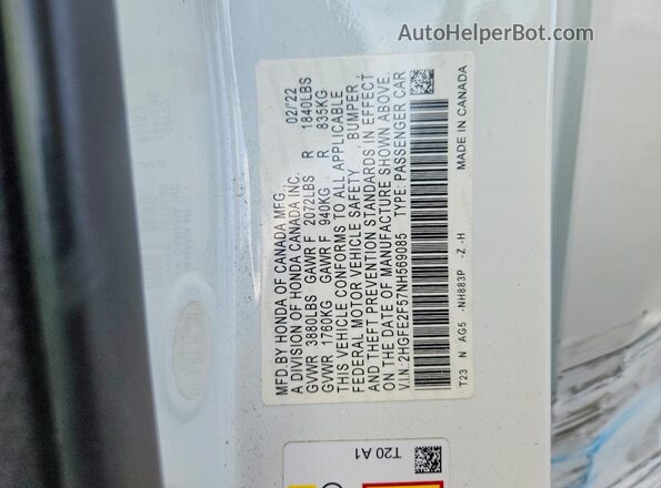 2HGFE2F57NH569085 2022 HONDA CIVIC White Engine compartment view