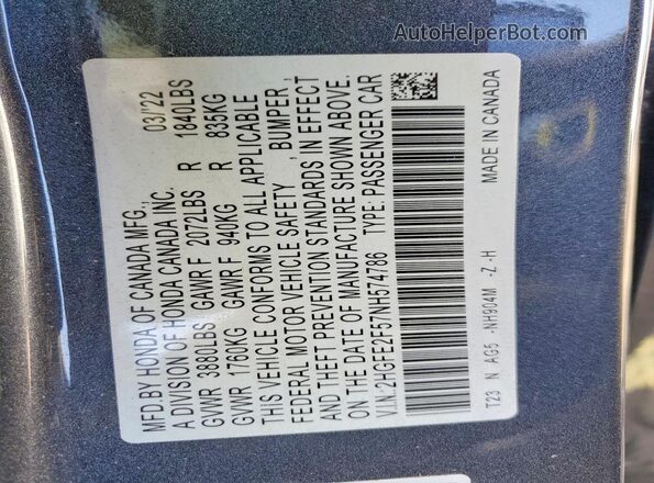 2HGFE2F57NH574786 2022 HONDA CIVIC Charcoal Widok naklejki z numerem VIN