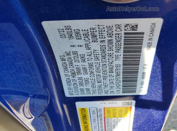 2HGFE2F57NH576165 2022 HONDA CIVIC Blue ძრავის განყოფილების ხედი
