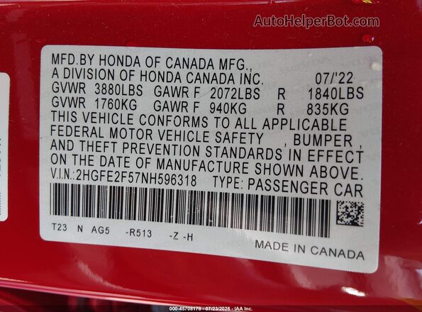 2HGFE2F57NH596318 2022 HONDA CIVIC Red Engine compartment view