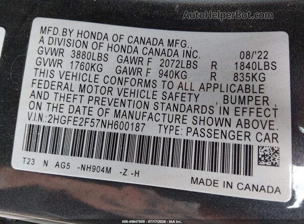 2HGFE2F57NH600187 2022 HONDA CIVIC Gray Widok komory silnika