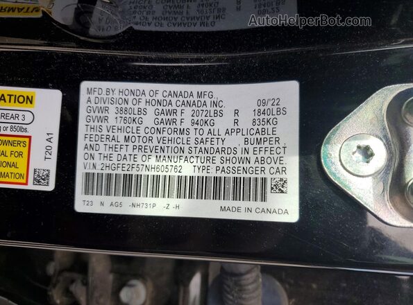 2HGFE2F57NH605762 2022 HONDA CIVIC Black ძრავის განყოფილების ხედი