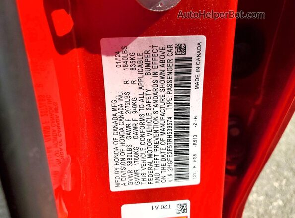 2HGFE2F57RH539574 2024 HONDA CIVIC Red ძრავის განყოფილების ხედი