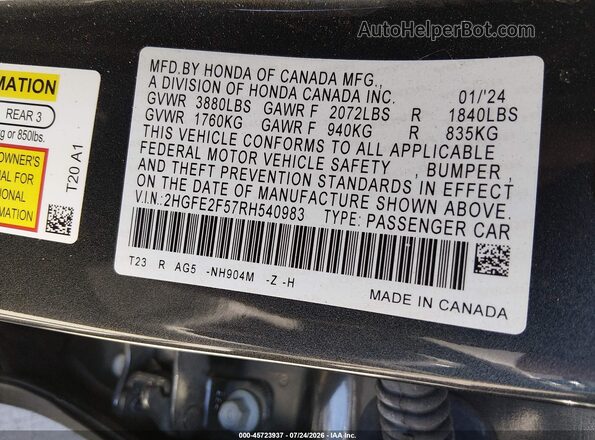 2HGFE2F57RH540983 2024 HONDA CIVIC Gray Շարժիչի բաժամունքի տեսք