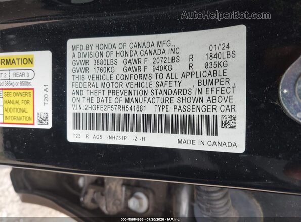 2HGFE2F57RH541681 2024 HONDA CIVIC Black Вид підкапотного простору