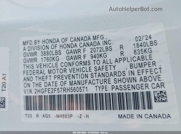 2HGFE2F57RH560571 2024 HONDA CIVIC Белый Вид подкапотного пространства
