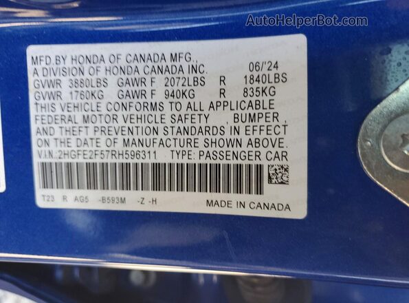 2HGFE2F57RH596311 2024 HONDA CIVIC Blue Widok komory silnika