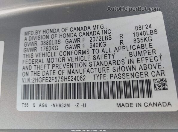 2HGFE2F57SH524062 2025 HONDA CIVIC Silver Widok komory silnika