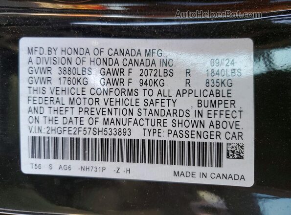 2HGFE2F57SH533893 2025 HONDA CIVIC Black ძრავის განყოფილების ხედი