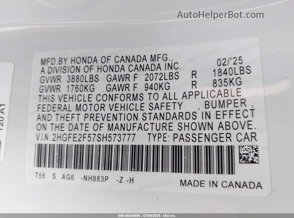 2HGFE2F57SH573777 2025 HONDA CIVIC White Engine compartment view