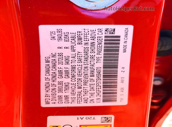 2HGFE2F57SH594970 2025 HONDA CIVIC Red Շարժիչի բաժամունքի տեսք