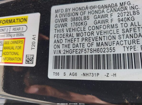 2HGFE2F57SH602355 2025 HONDA CIVIC Black Widok komory silnika
