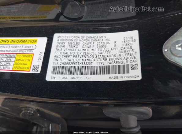 2HGFE2F57TH553207 2026 HONDA CIVIC Black Engine compartment view
