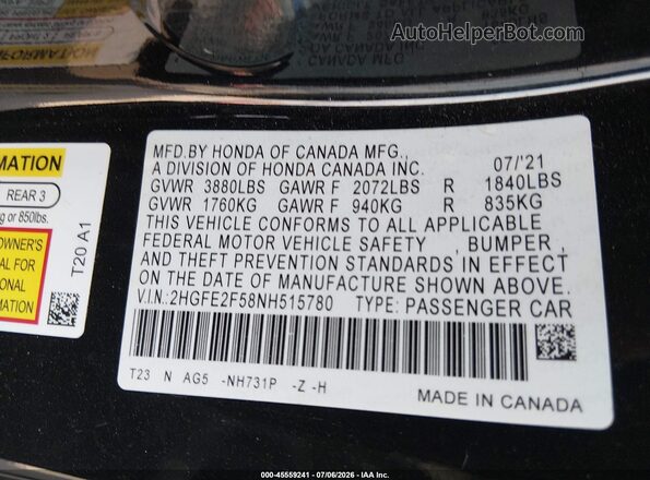 2HGFE2F58NH515780 2022 HONDA CIVIC Black Շարժիչի բաժամունքի տեսք