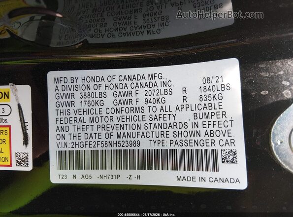 2HGFE2F58NH523989 2022 HONDA CIVIC Black Vista del compartimento del motor