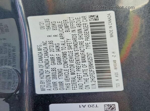 2HGFE2F58NH525757 2022 HONDA CIVIC Gray Vista de la etiqueta del VIN