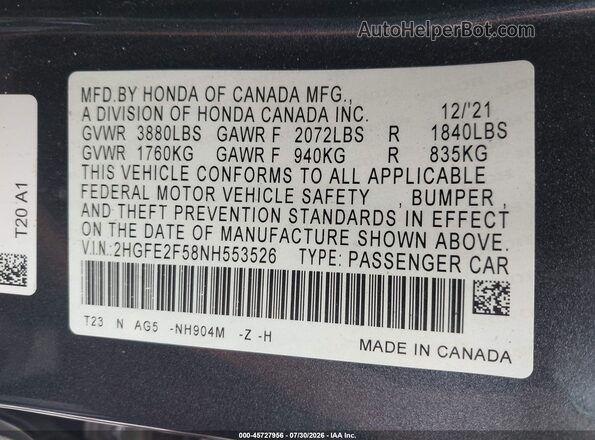 2HGFE2F58NH553526 2022 HONDA CIVIC Gray Widok komory silnika