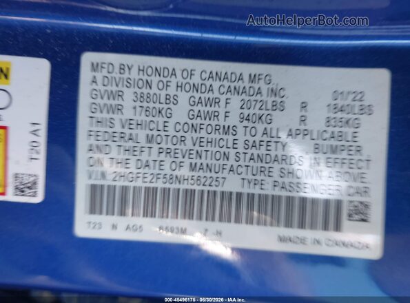 2HGFE2F58NH562257 2022 HONDA CIVIC Blue Vista del compartimento del motor