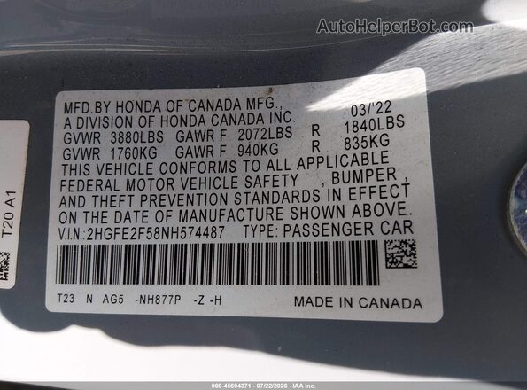 2HGFE2F58NH574487 2022 HONDA CIVIC Light Blue Вид підкапотного простору