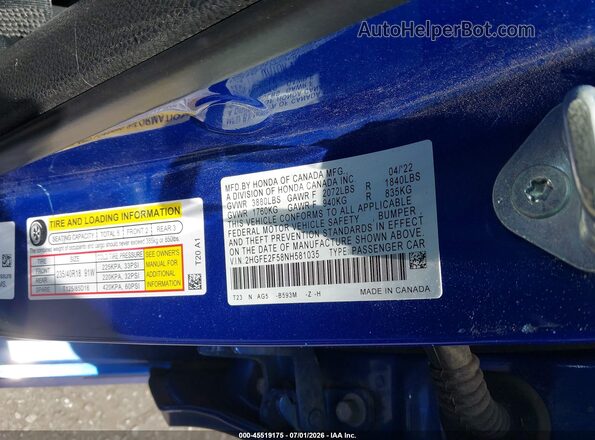 2HGFE2F58NH581035 2022 HONDA CIVIC Blue Շարժիչի բաժամունքի տեսք
