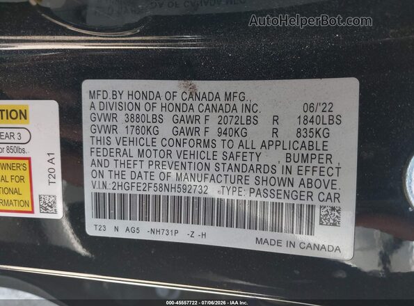 2HGFE2F58NH592732 2022 HONDA CIVIC Черный Вид подкапотного пространства