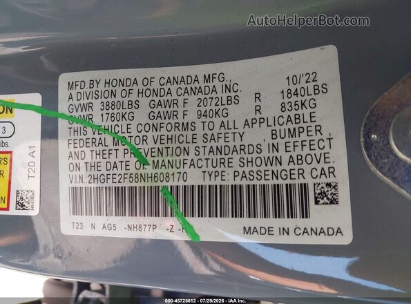 2HGFE2F58NH608170 2022 HONDA CIVIC Blue Engine compartment view