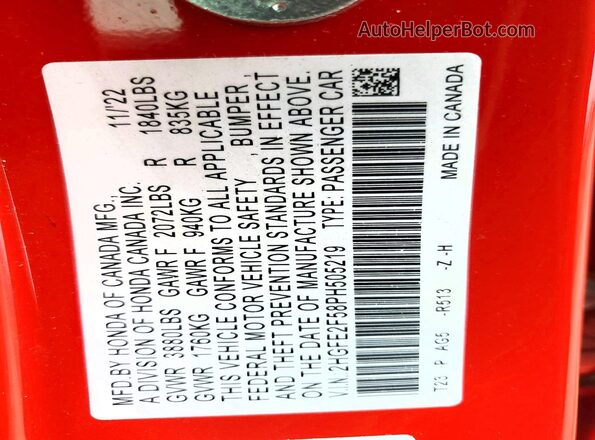 2HGFE2F58PH505219 2023 HONDA CIVIC Red VIN კოდის სტიკერის ხედი